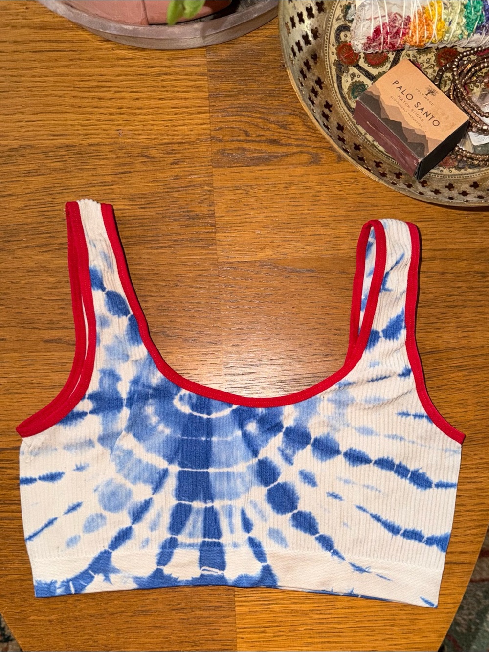Tie-Dye Ribbed Scoop Bralette with Red Trim